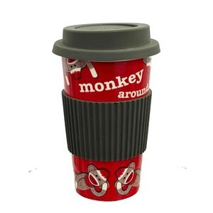 Sock Monkey Travel Mug "Monkey Around" Soft Silicone Lid & Coffee Collar 6.125"